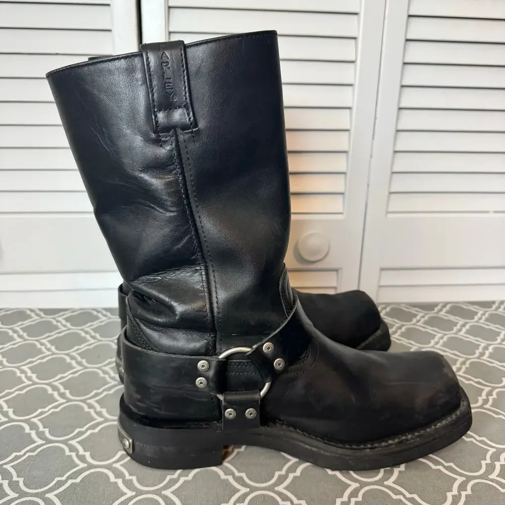 Harley-Davidson Harness Motorcycle Boots Black Leather Mens Size 10 Biker Logo